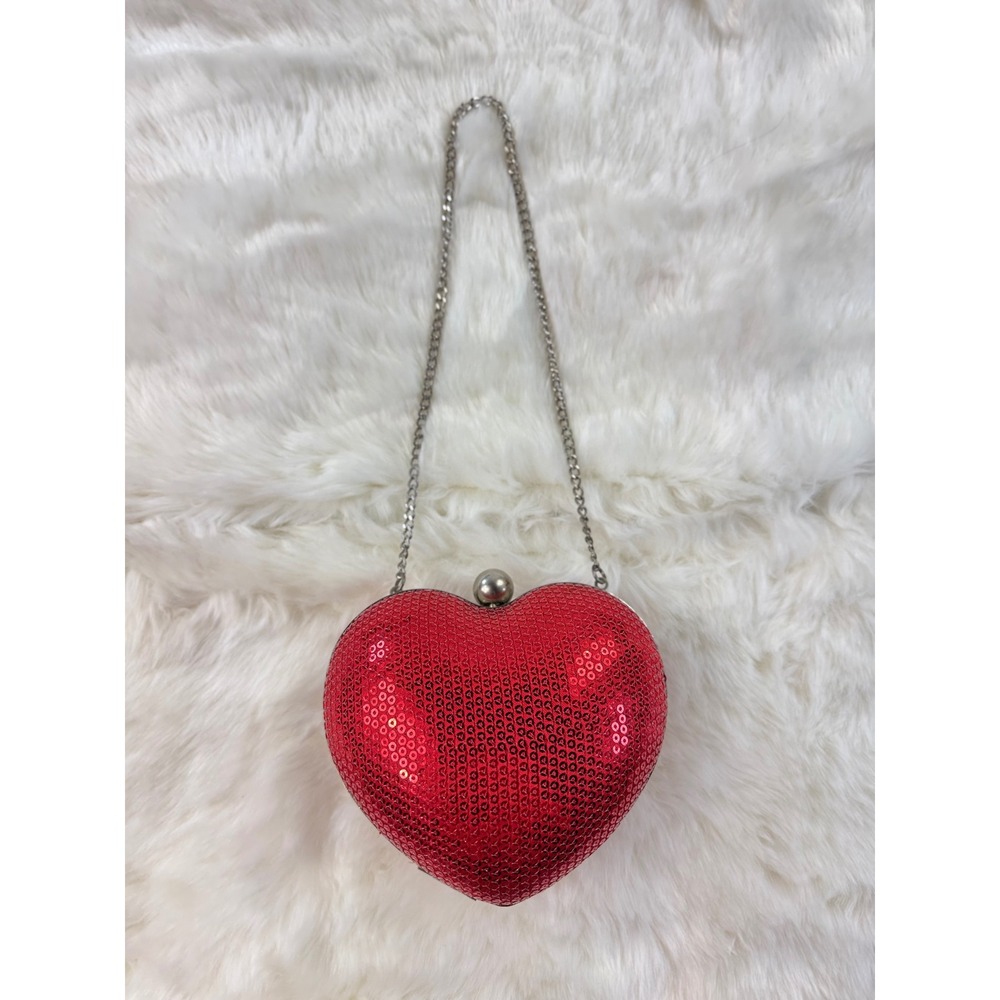 Our‎ Generation Red Sequin Heart Shaped Evening Clutch Purse Bag Chain Strap
